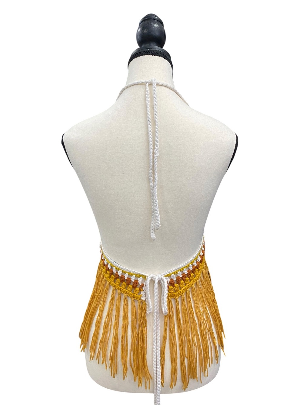 Crochet Fringe Halter Top in White and Mustard - Picture 3 of 6